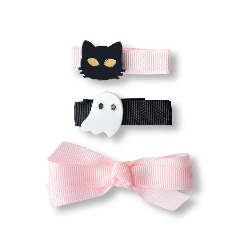 Cat Ghost and Fabric Bow Pink Baby Hair Clips