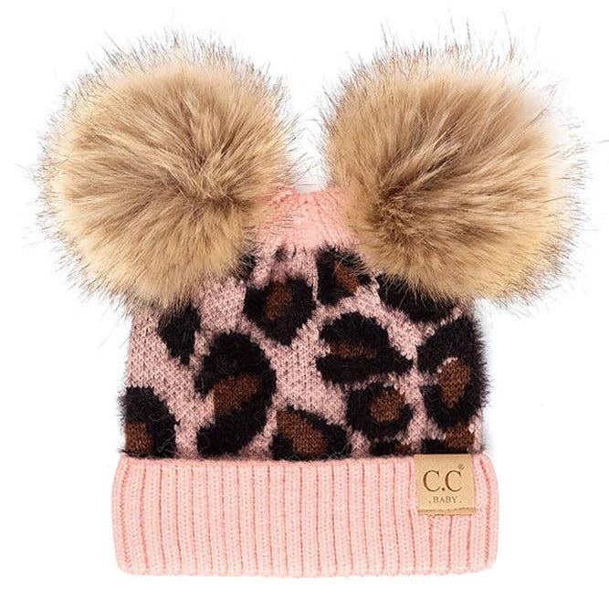 C.C Leopard Double Pom Beanie Hat for Baby