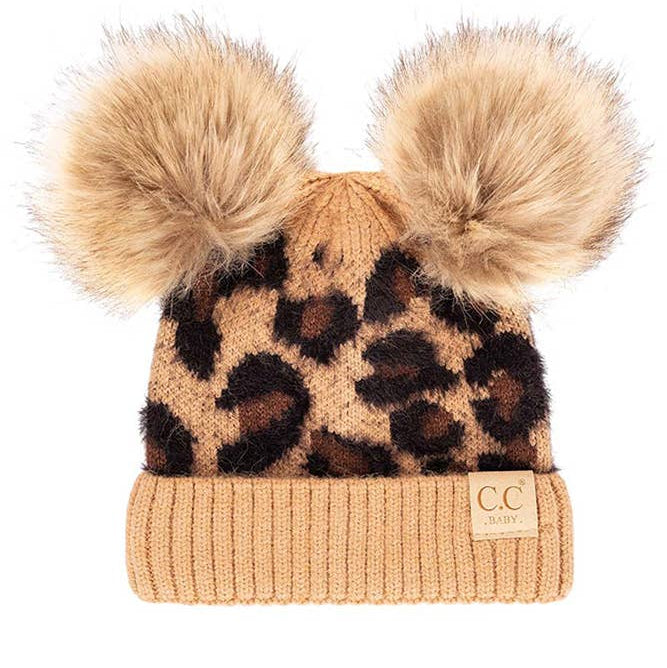 C.C Leopard Double Pom Beanie Hat for Baby