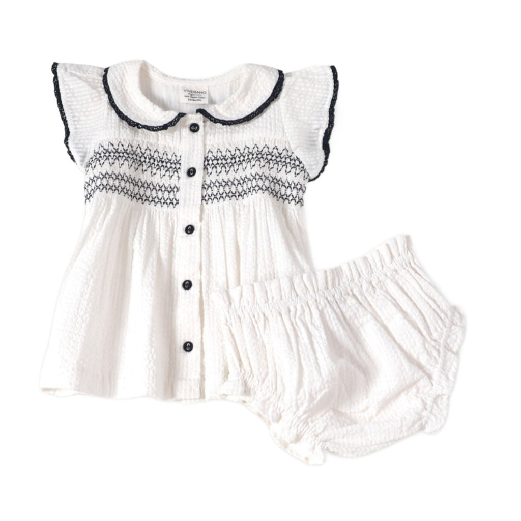 Celine White Seersucker Smocked Baby Dress + Bloomer