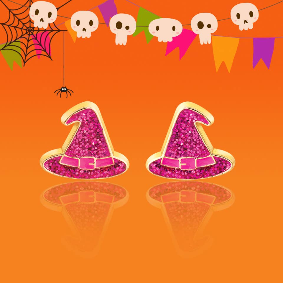 Halloween Glitter Witch Hat Stud Earrings for Girls