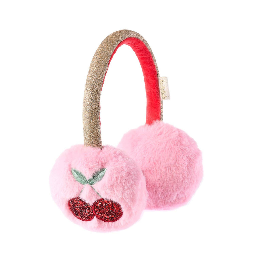 Pink furry ear muffs with cherry design on a white background