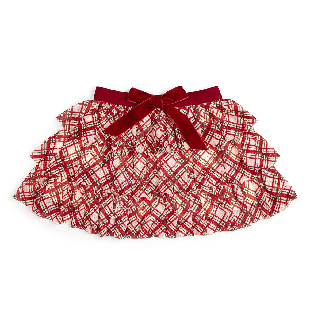 Red and white plaid skirt with a large red bow on a white background