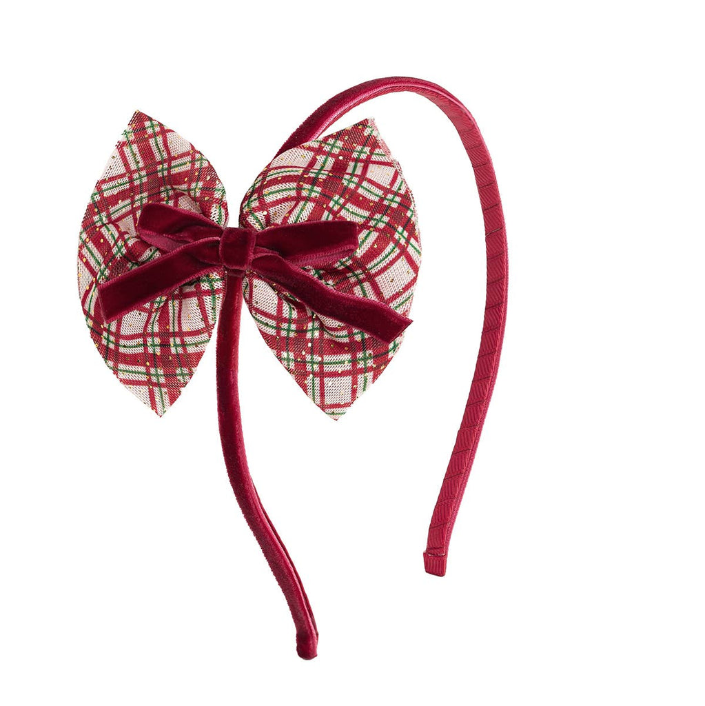 Red plaid bow headband on a white background