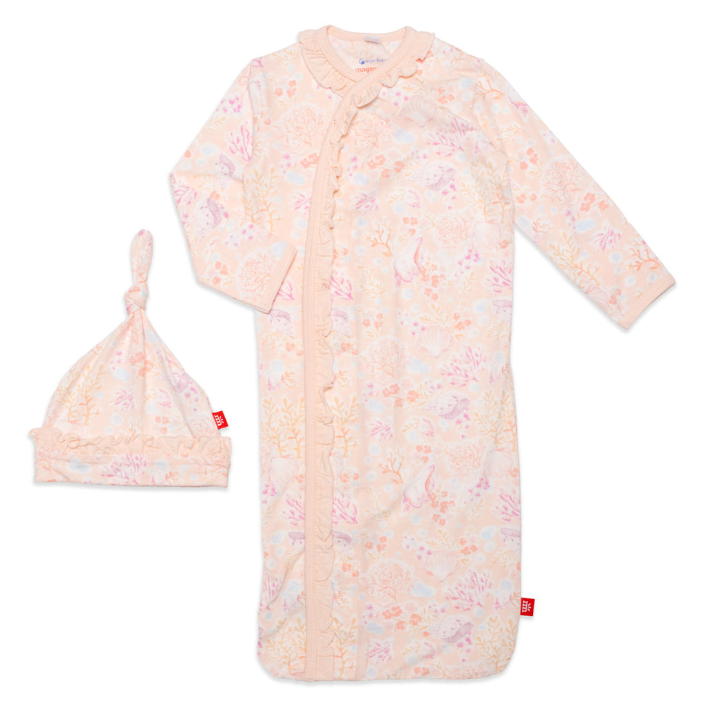 Coral Floral Modal Magnetic Cozy Sleeper Gown + Hat Set With Ruffles