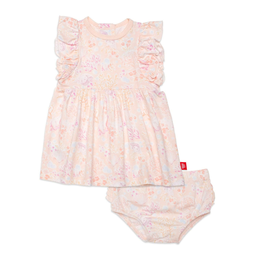 Coral Floral Modal Magnetic Little baby Dress + Diaper Cover Set