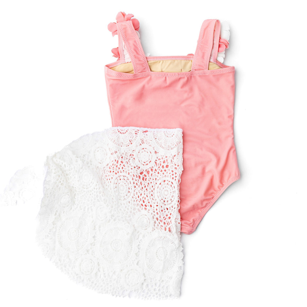 Coral Girls Hula Water Appearing One Piece & Skirt Swim Set