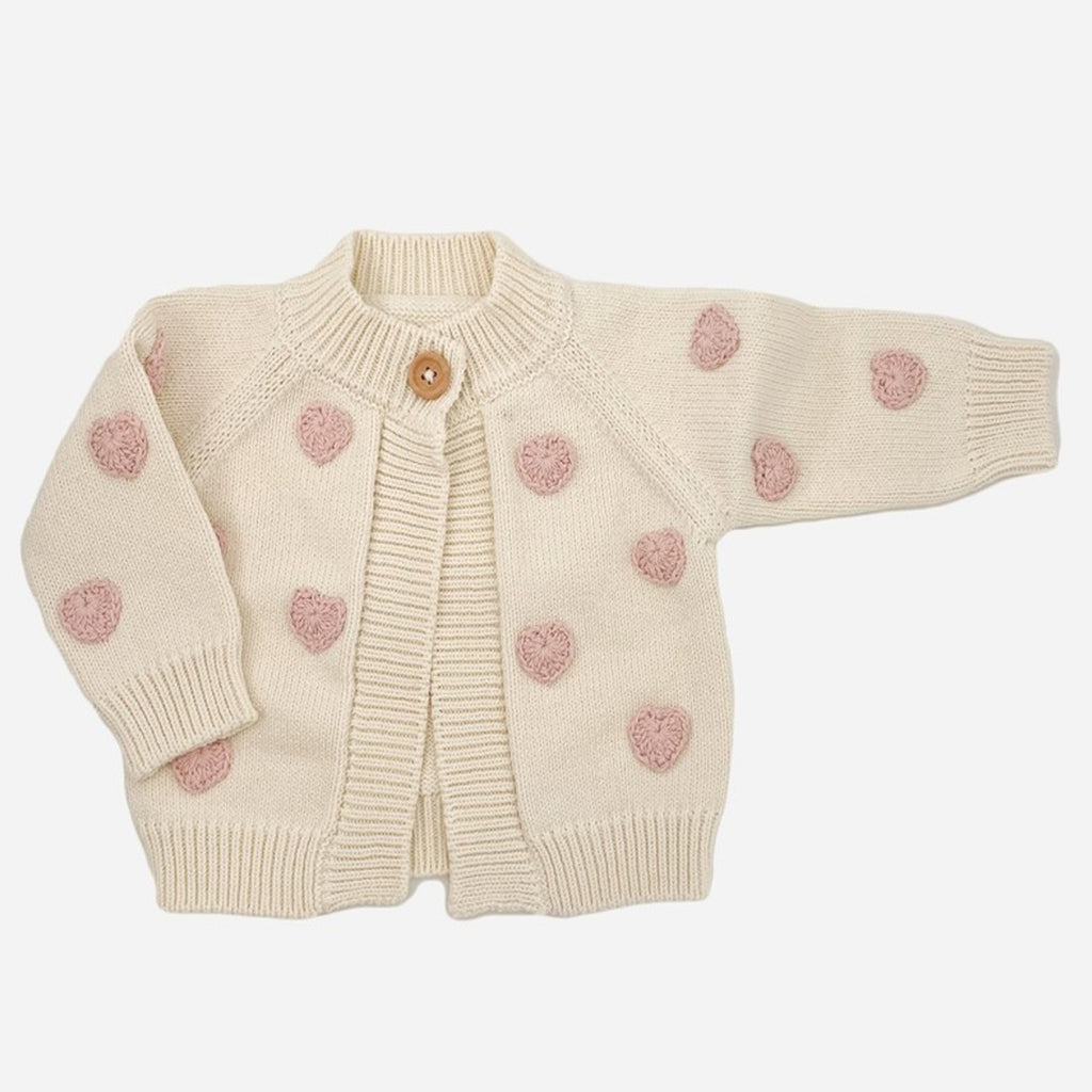 Cotton Heart Cardigan, Blush - Baby Kids Sweater Valentine's