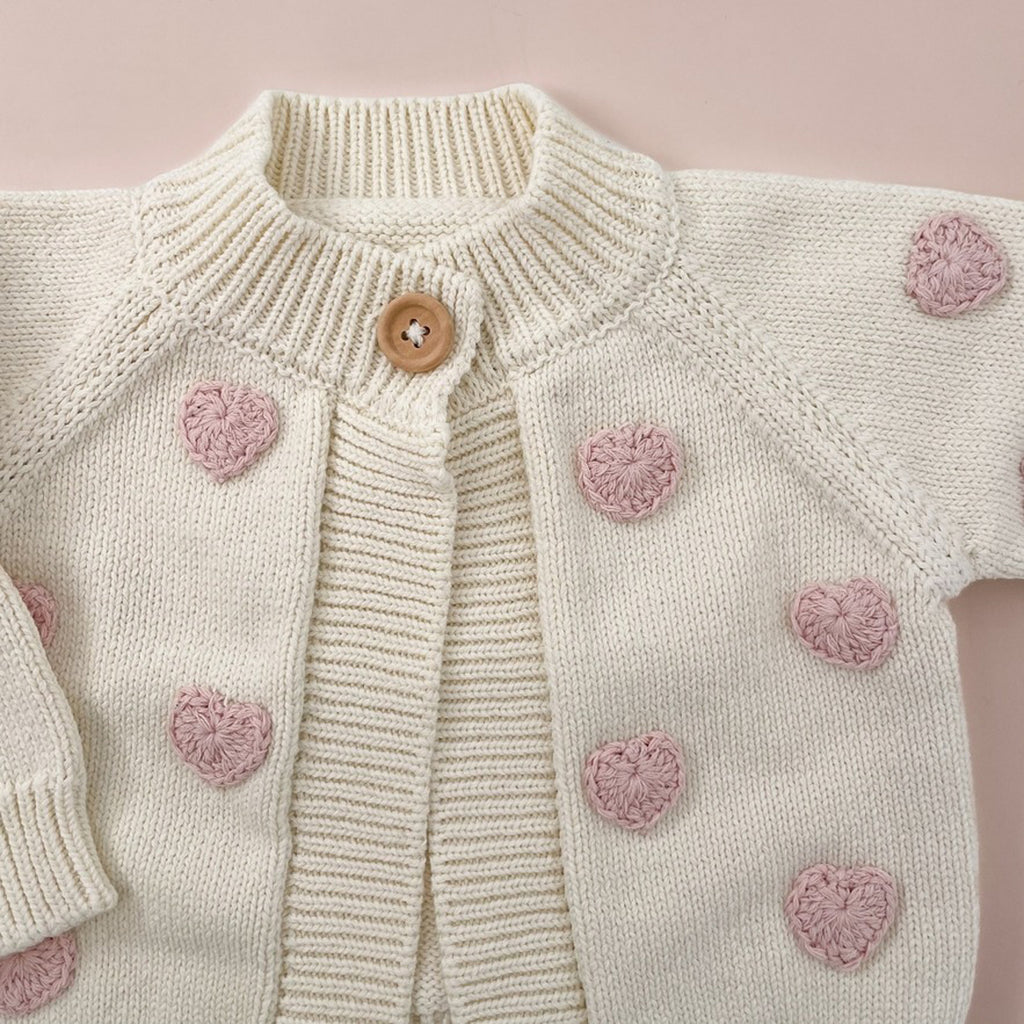 Cotton Heart Cardigan, Blush - Baby Kids Sweater Valentine's-CARDIGANS & SWEATERS-The Blueberry Hill-Joannas Cuties