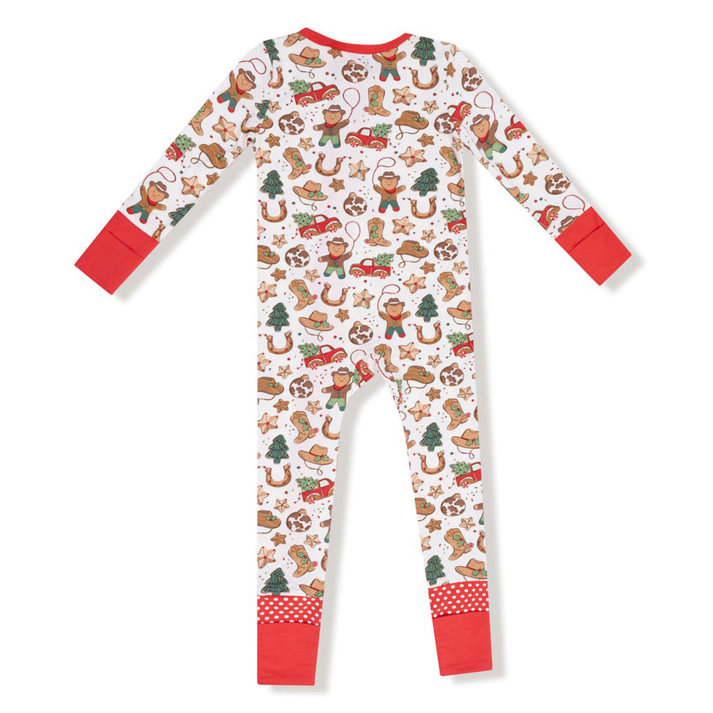 Children's onesie with Christmas-themed gingerbread design on a white background