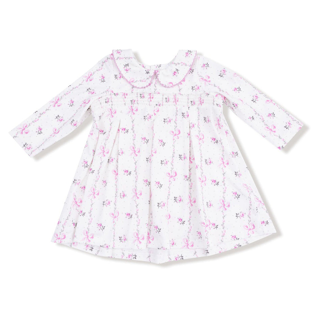 Dainty Buds and Bows Stripe - Long Sleeve Peter Pan Collar Dress with Smocking and Bloomer