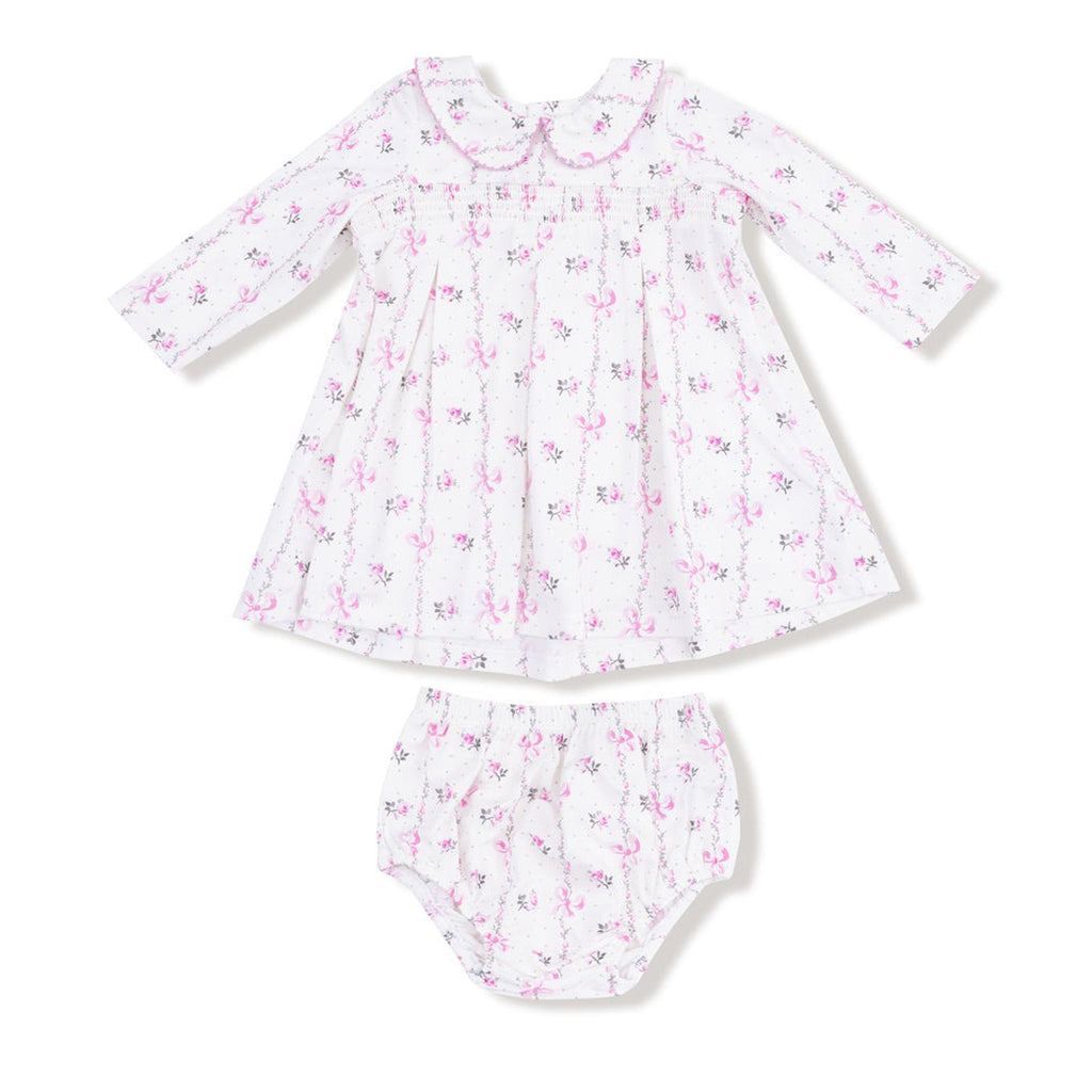 Dainty Buds and Bows Stripe - Long Sleeve Peter Pan Collar Dress with Smocking and Bloomer