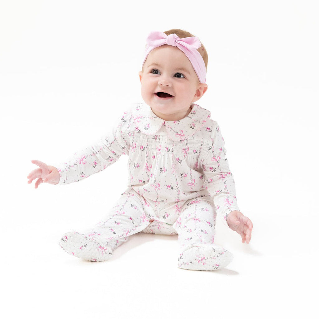 Dainty Buds and Bows Stripe - Smocked Peter Pan Snap Footie