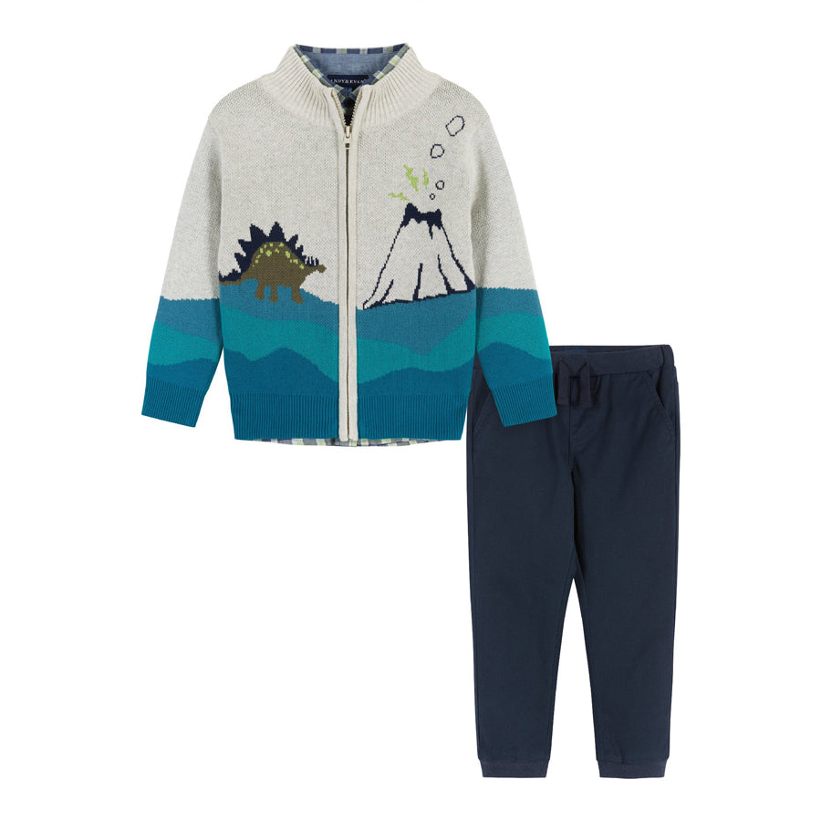 Dino Landscape Intarsia Sweater Zip-Up 3 Pc Set-OUTFITS-Andy & Evan-Joannas Cuties