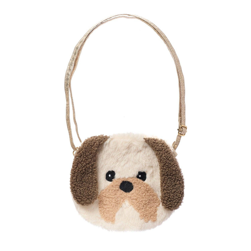 Plush dog-shaped bag with a strap on a white background