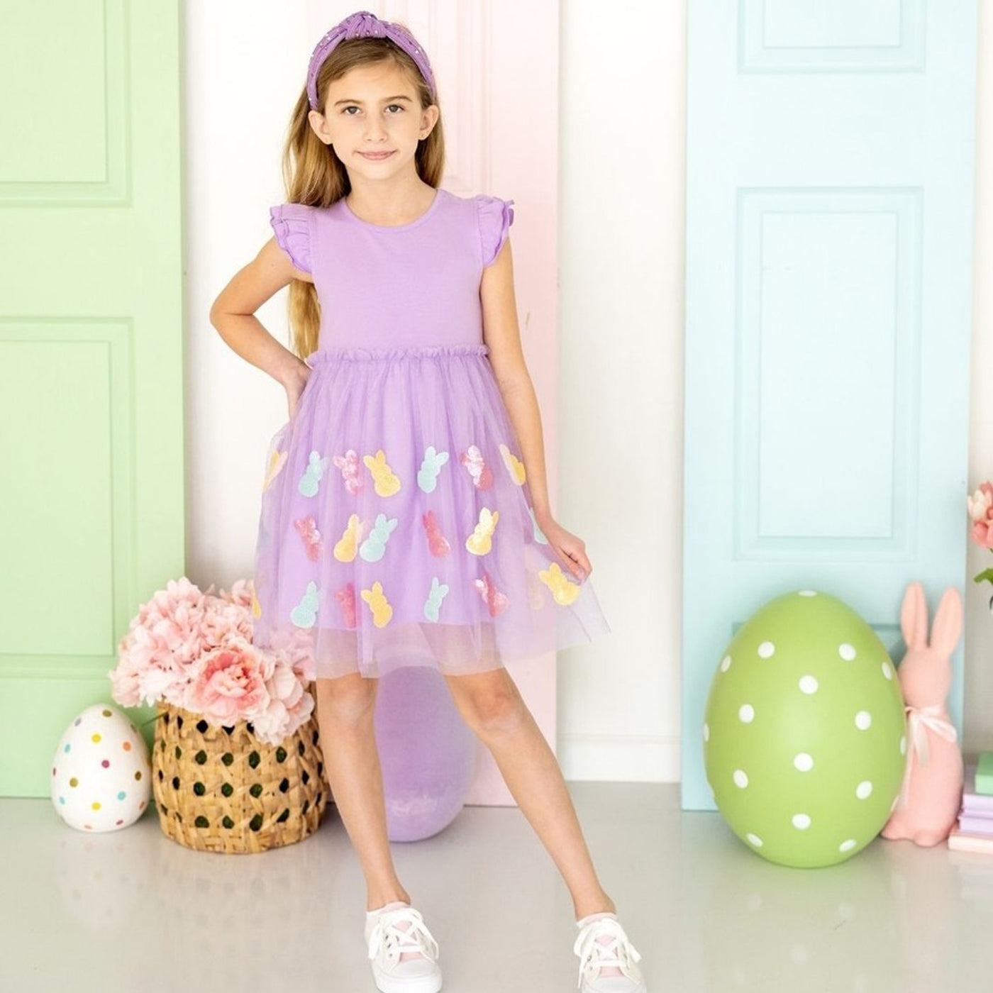 Easter Dress For Girls – Flutter Sleeve Lace Tutu Dress With Bunny Print, Toddler Easter Outfit, Sizes
