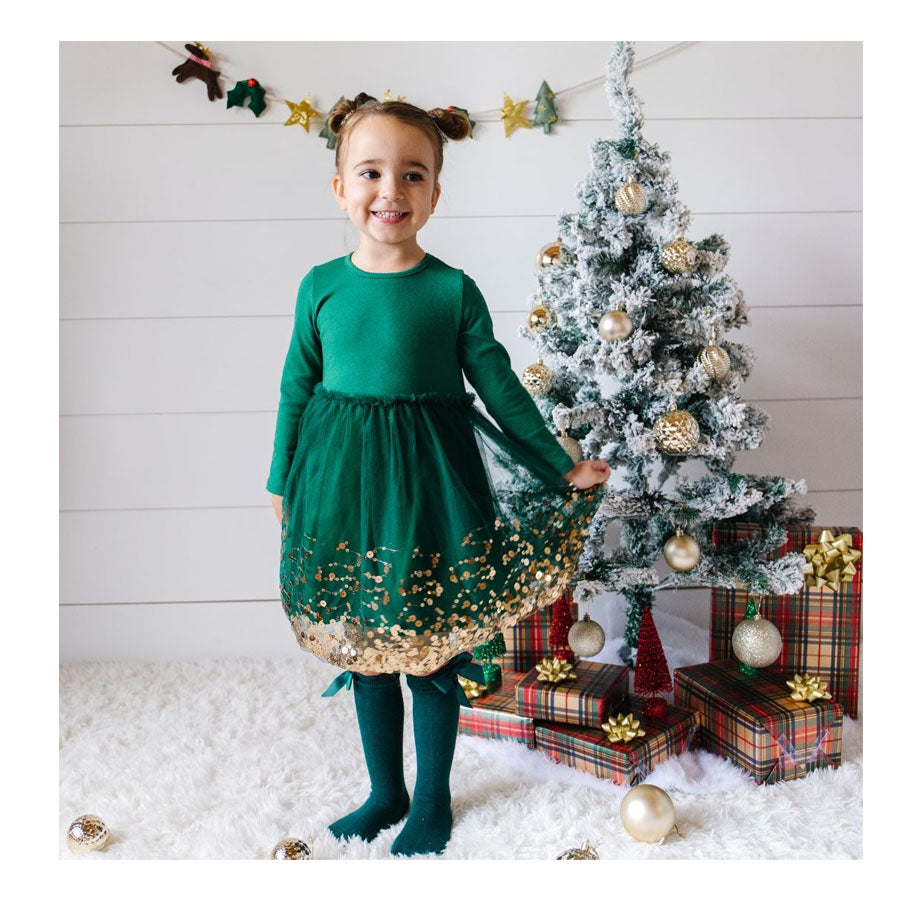 Emerald Sequin Christmas Long Sleeve Tutu Dress-DRESSES & SKIRTS-Sweet Wink-Joannas Cuties