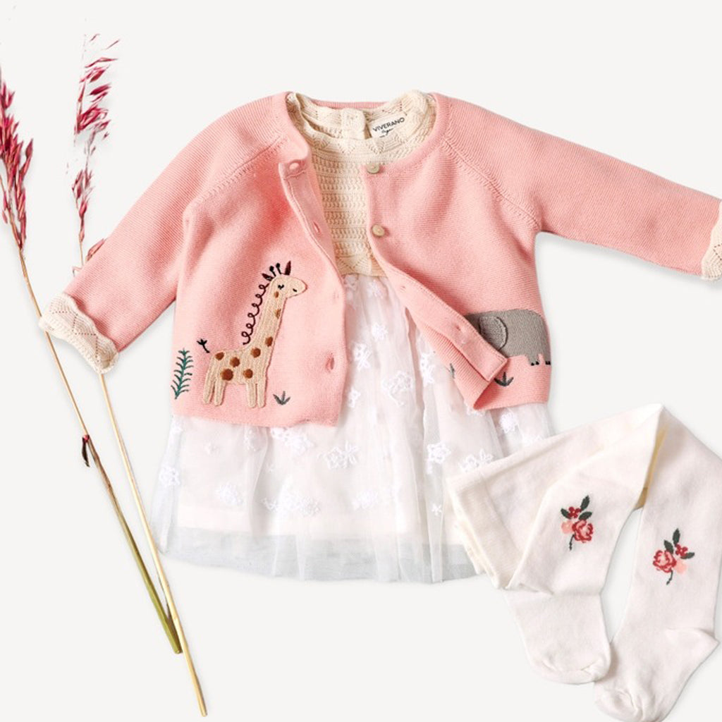 Fine Knit Baby Girl Tights - Floral Jacquard/Organic Blend-SOCKS, TIGHTS & LEG WARMERS-Viverano Organics-Joannas Cuties