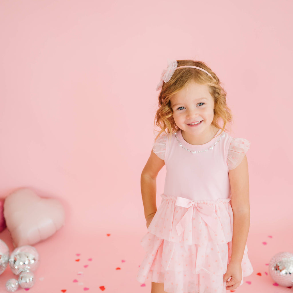 Flocked Heart Valentine's Day Tiered Short Sleeve Tutu Dress 18-24M