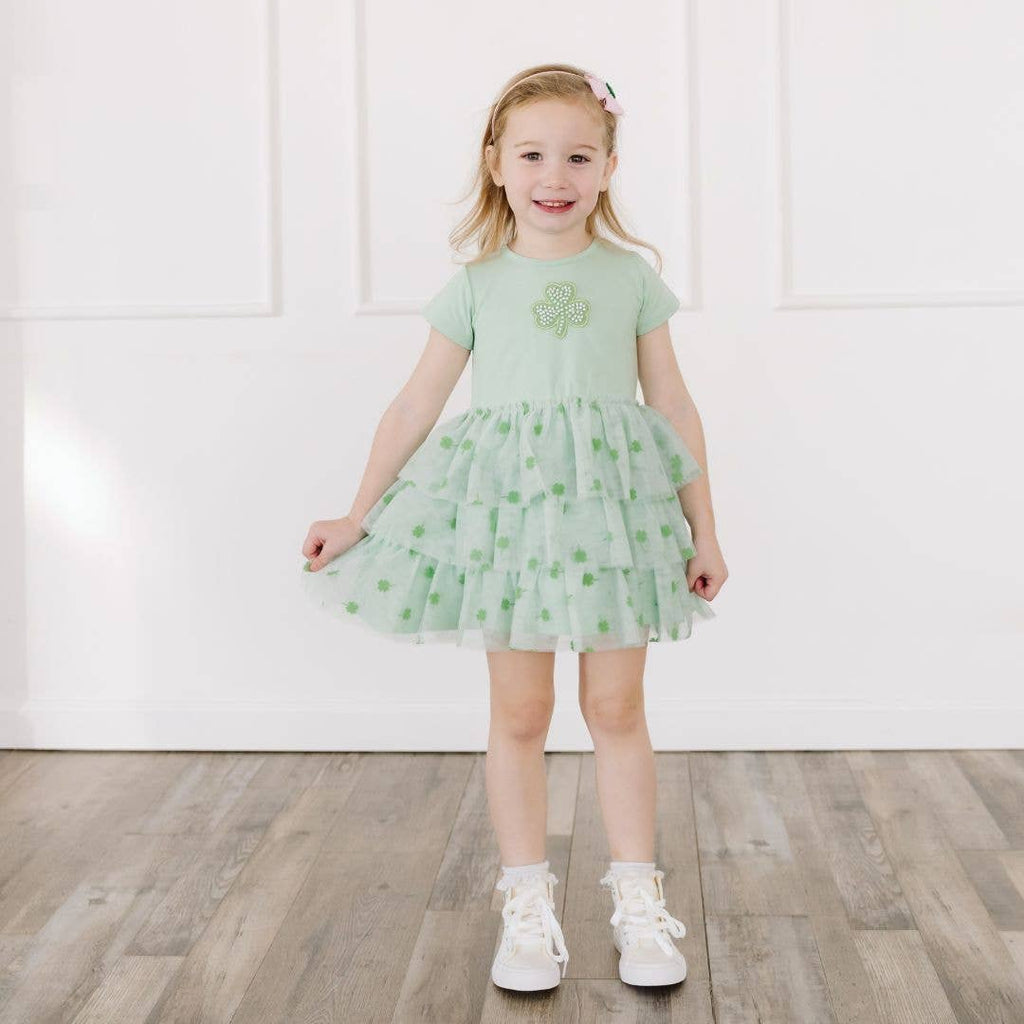 Flocked Shamrock St. Patrick's Day Tiered Short Sleeve Tutu Dress 4T Flocked Shamrock St. Patrick's Day Tiered Short Sleeve Tutu Dress 4T