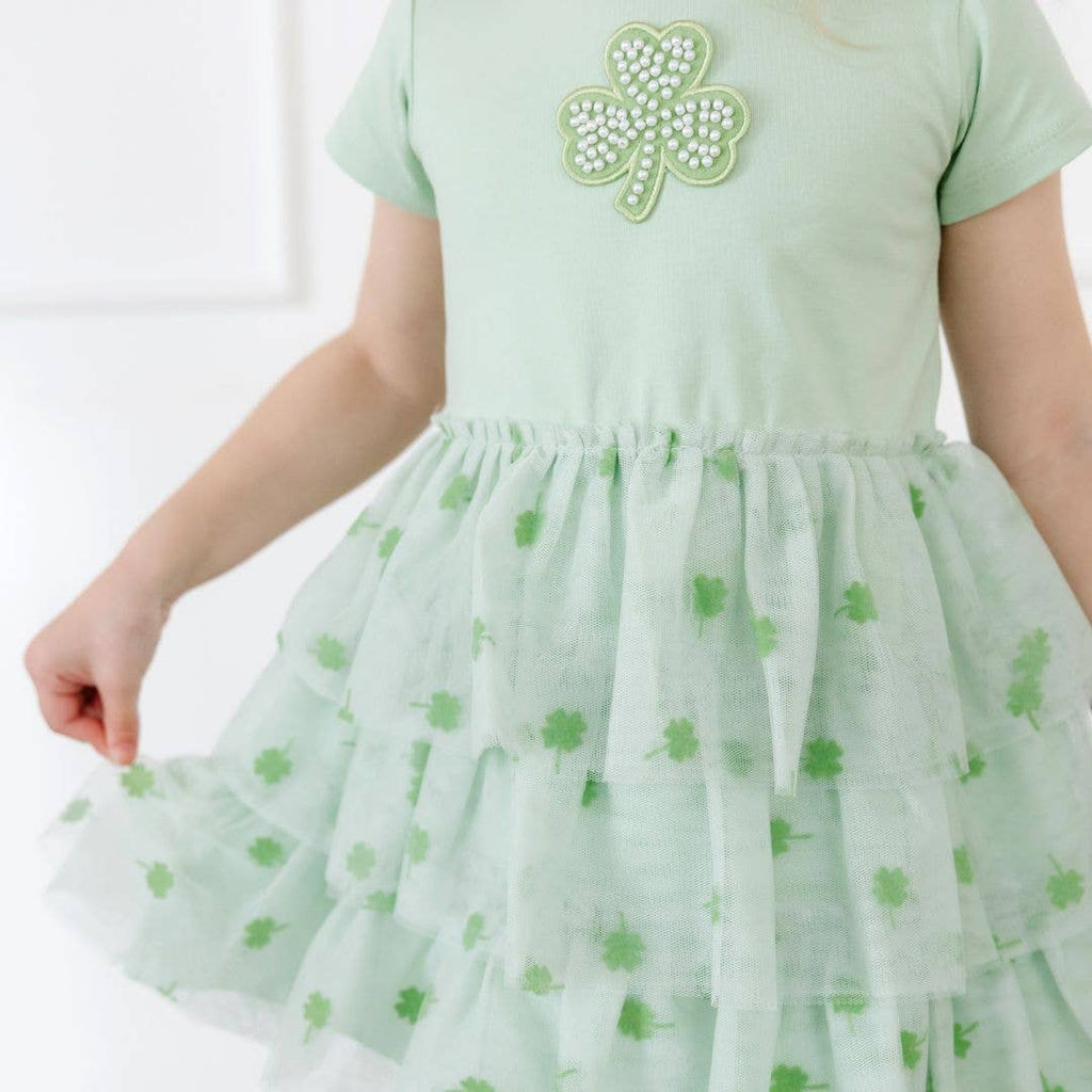 Flocked Shamrock St. Patrick's Day Tiered Short Sleeve Tutu Dress, 18-24M Flocked Shamrock St. Patrick's Day Tiered Short Sleeve Tutu Dress, 18-24M