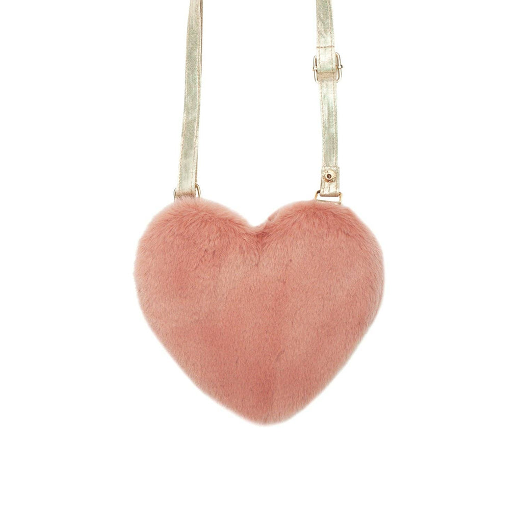 Heart-shaped pink fur bag on a white background