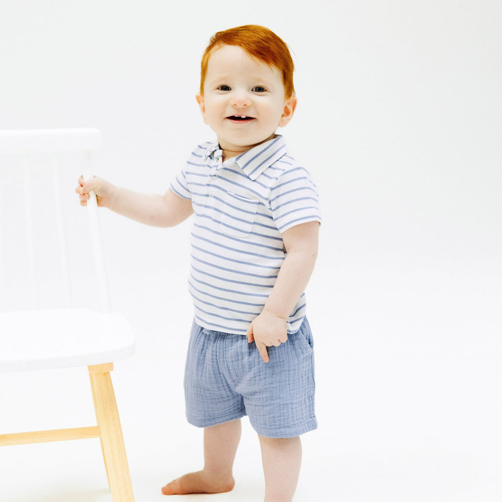 French Stripe Dusty Blue Polo Shirt And Muslin Short