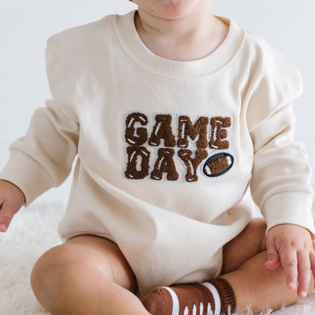 Game Day Patch Long Sleeve Romper - Football Baby Bodysuit