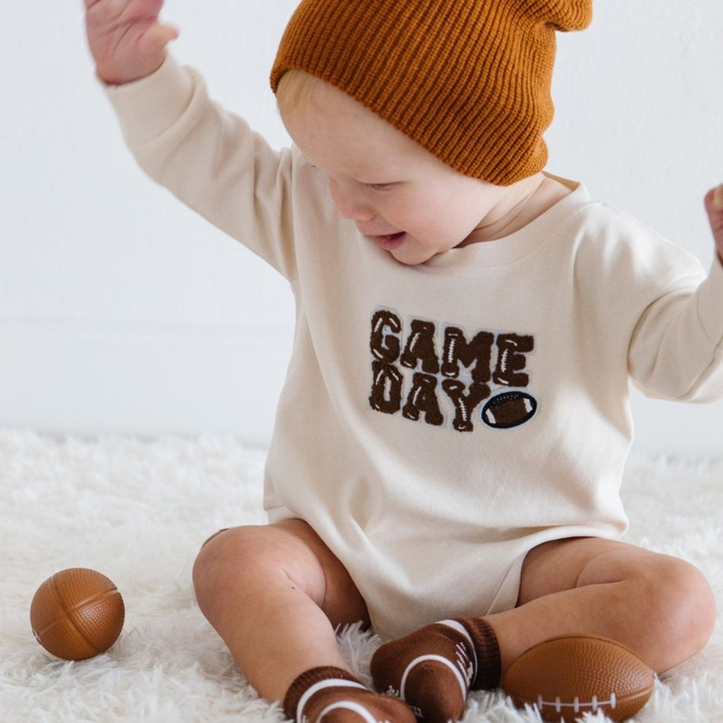 Game Day Patch Long Sleeve Romper - Football Baby Bodysuit