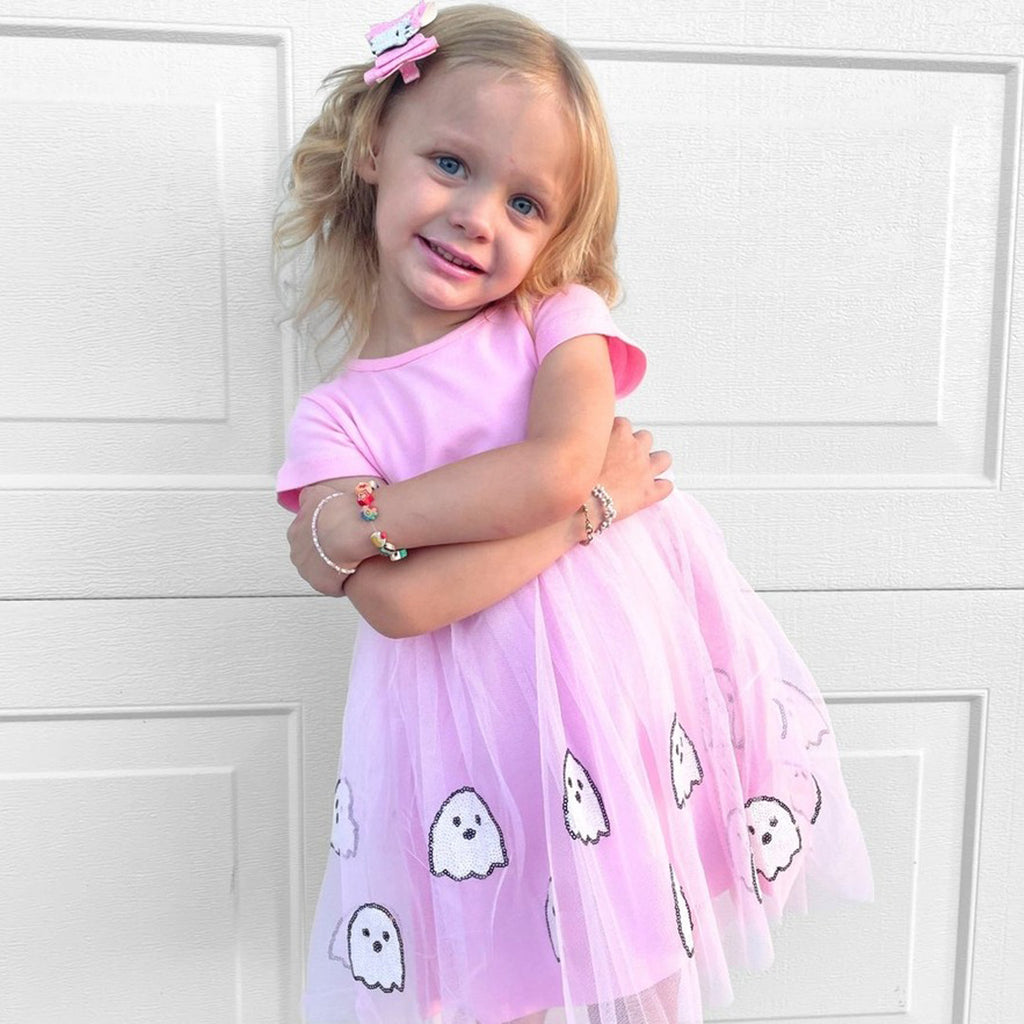 Ghost Sequin Halloween Short Sleeve Tutu Dress