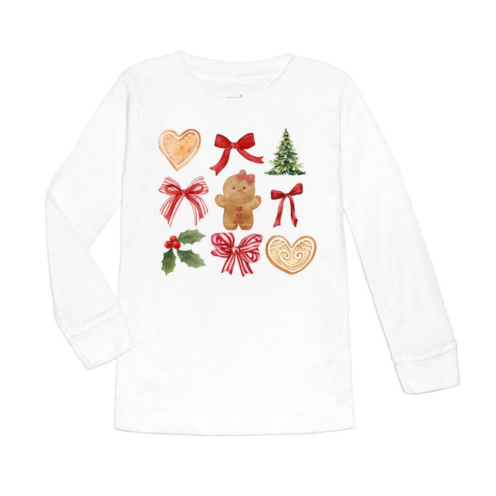 White long-sleeve shirt with Christmas-themed graphics on a white background