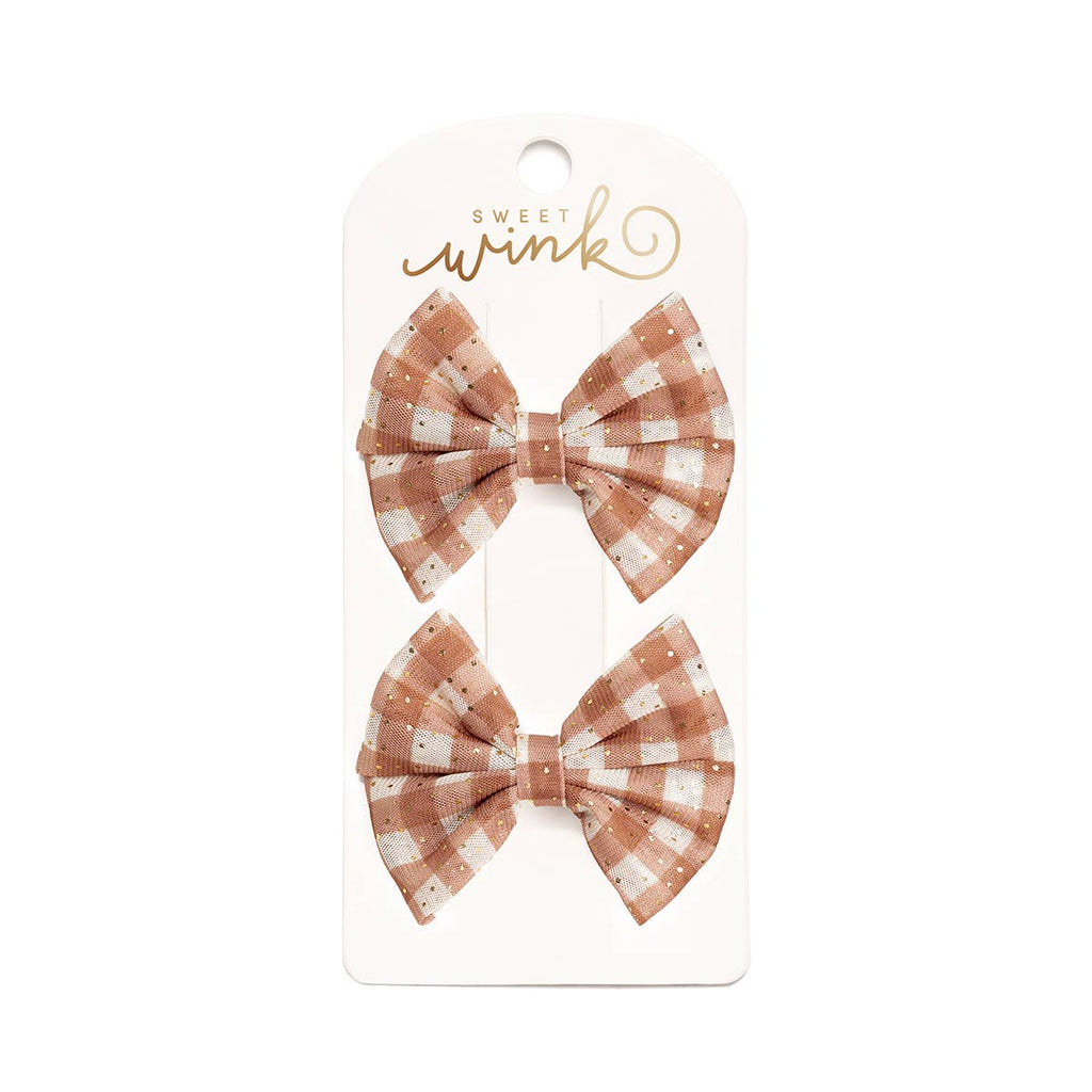 Gingham Printed Tulle Bow Clip Set