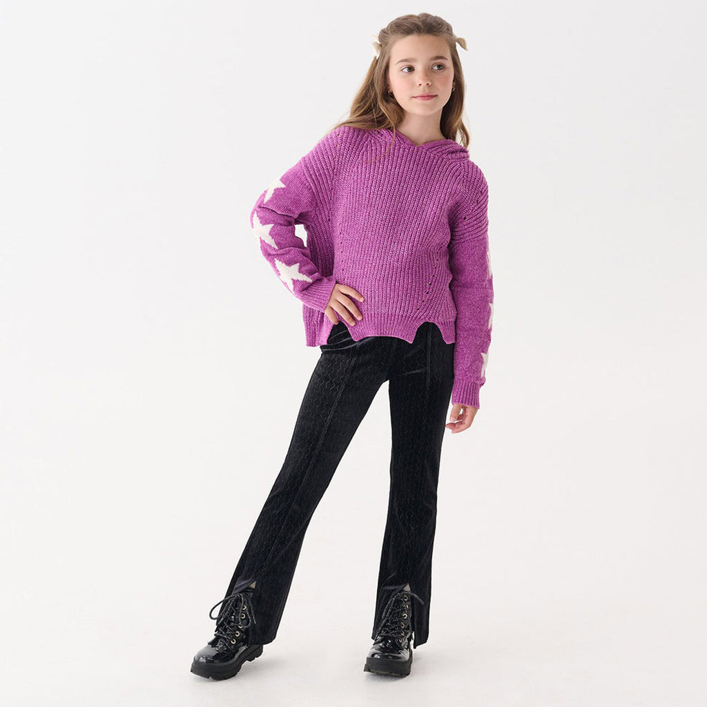 Girls Black Sparkle Wave Velour Flared Pants
