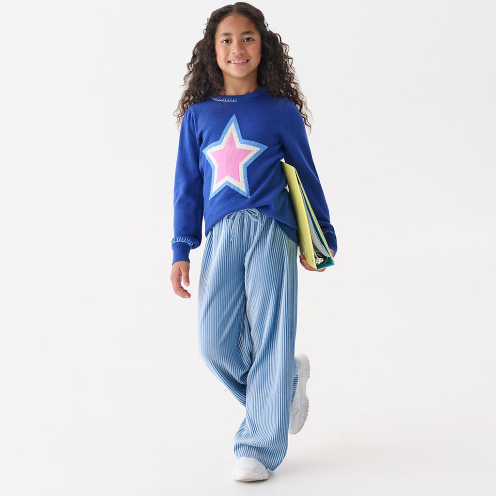 Girls Cornflower Blue Pleated Velour Relaxed Pants