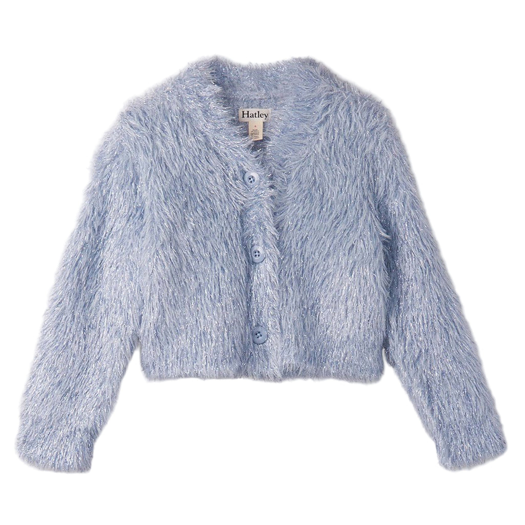 Blue fluffy cardigan on a white background