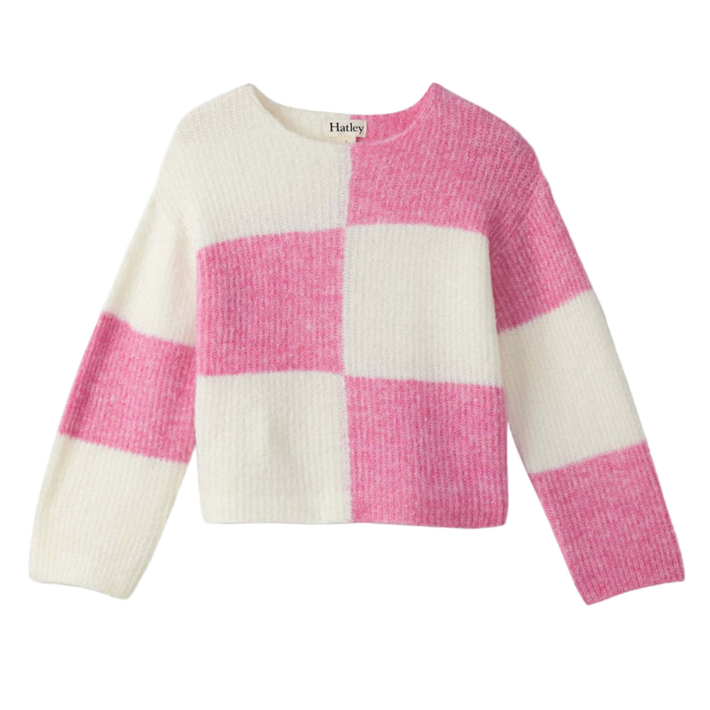 Pink and white checkered sweater with 'Hatley' branding on a light gray background