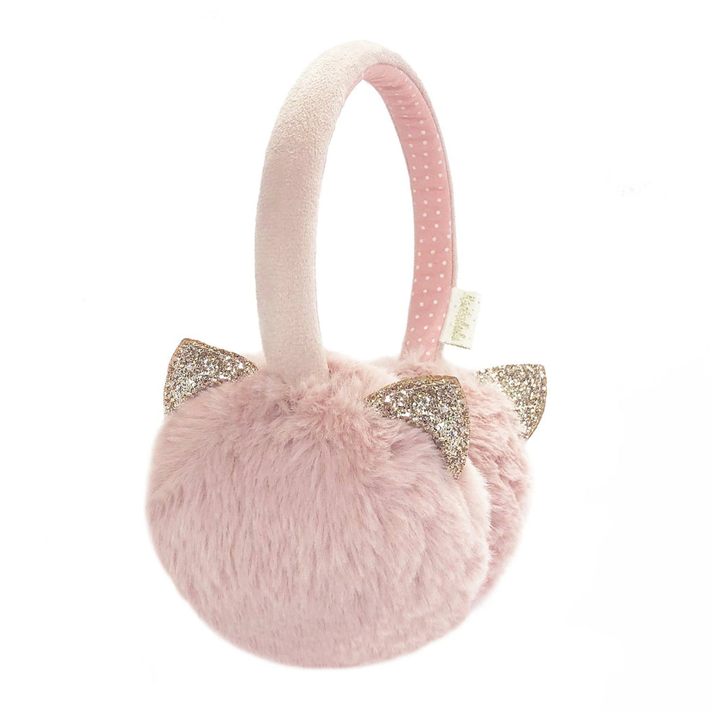 Pink furry ear muffs with gold cat ears on a white background