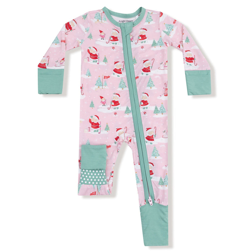 Pink baby onesie with Christmas pattern on a white background