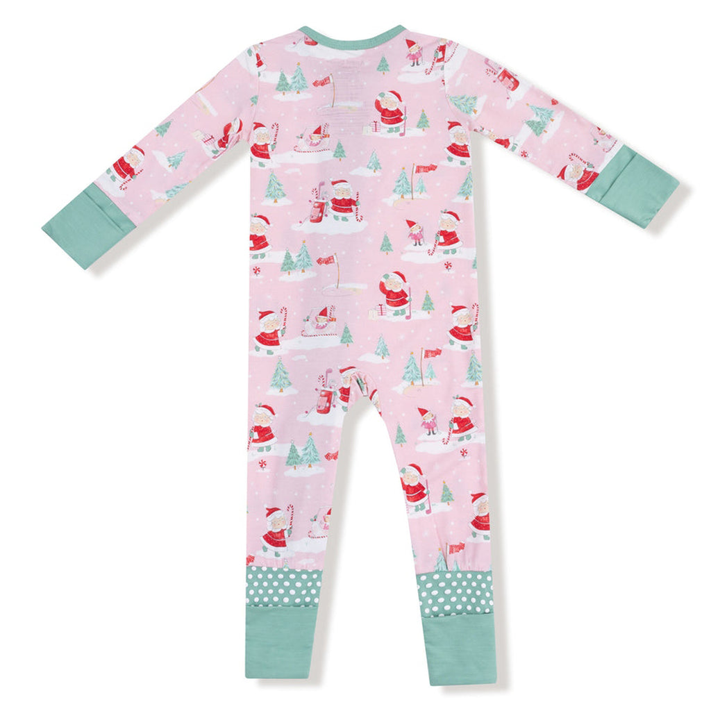 Pink children's onesie with Christmas-themed print on a white background