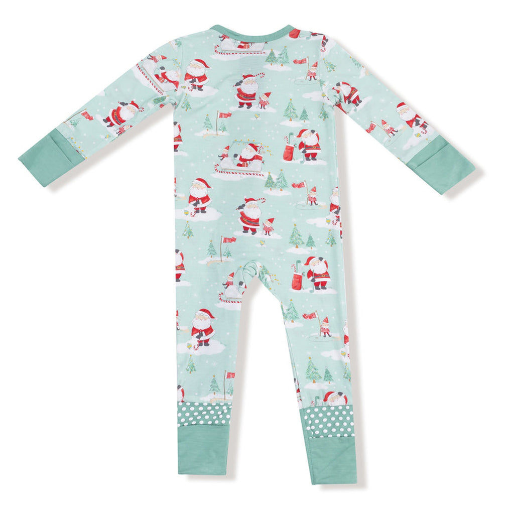 Children's onesie with Christmas-themed pattern on a light blue background