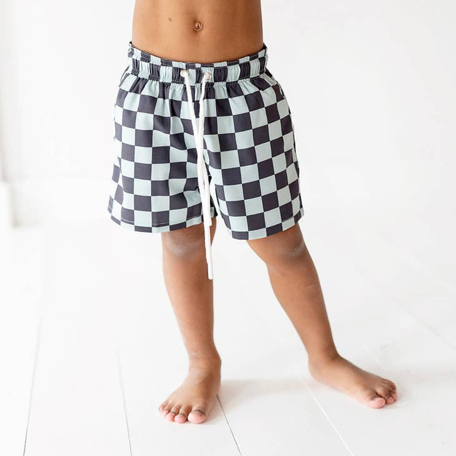 Green + Grey Check | Swim Shorts-SWIMWEAR-Made By Molly-Joannas Cuties