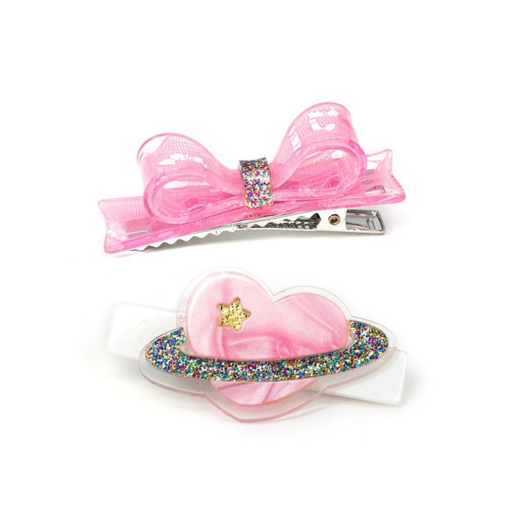Heart Planet with Bow Pearlized Pink Hair Clips-HAIR CLIPS-Lilies & Roses-Joannas Cuties