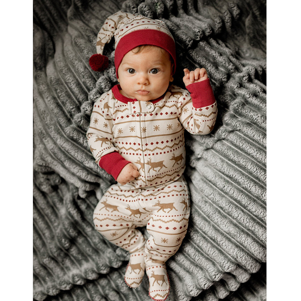 Holiday 2-Way Zipper Footie & Cap Set in Fair Isle Rudolph