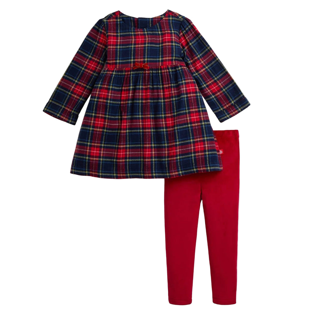 Plaid dress and red leggings set on a white background