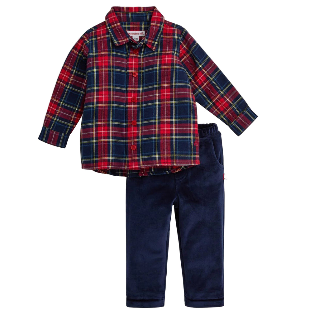 Plaid shirt and navy pants set on a white background