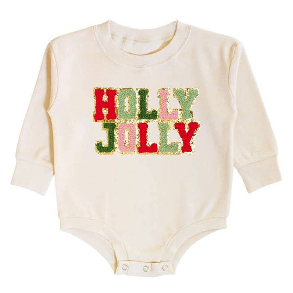 Holly Jolly Patch Christmas Long Sleeve Romper - Natural