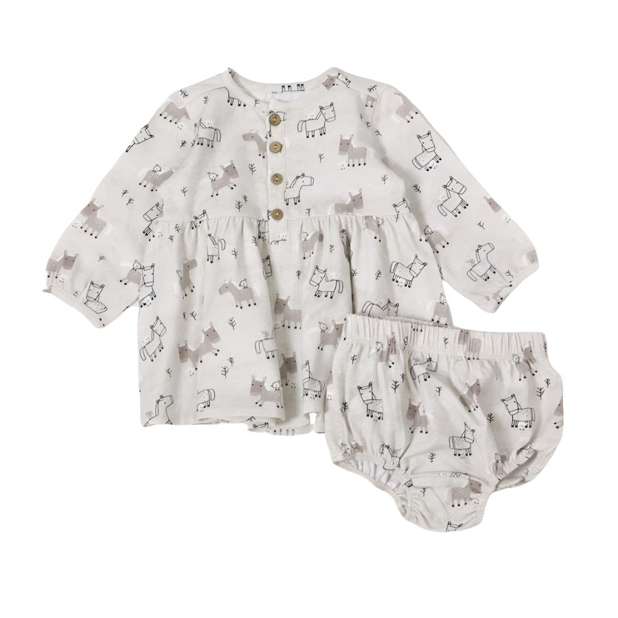 Horse & Bird Button Baby Flare Dress + Bloomer Set-DRESSES & SKIRTS-Viverano Organics-Joannas Cuties