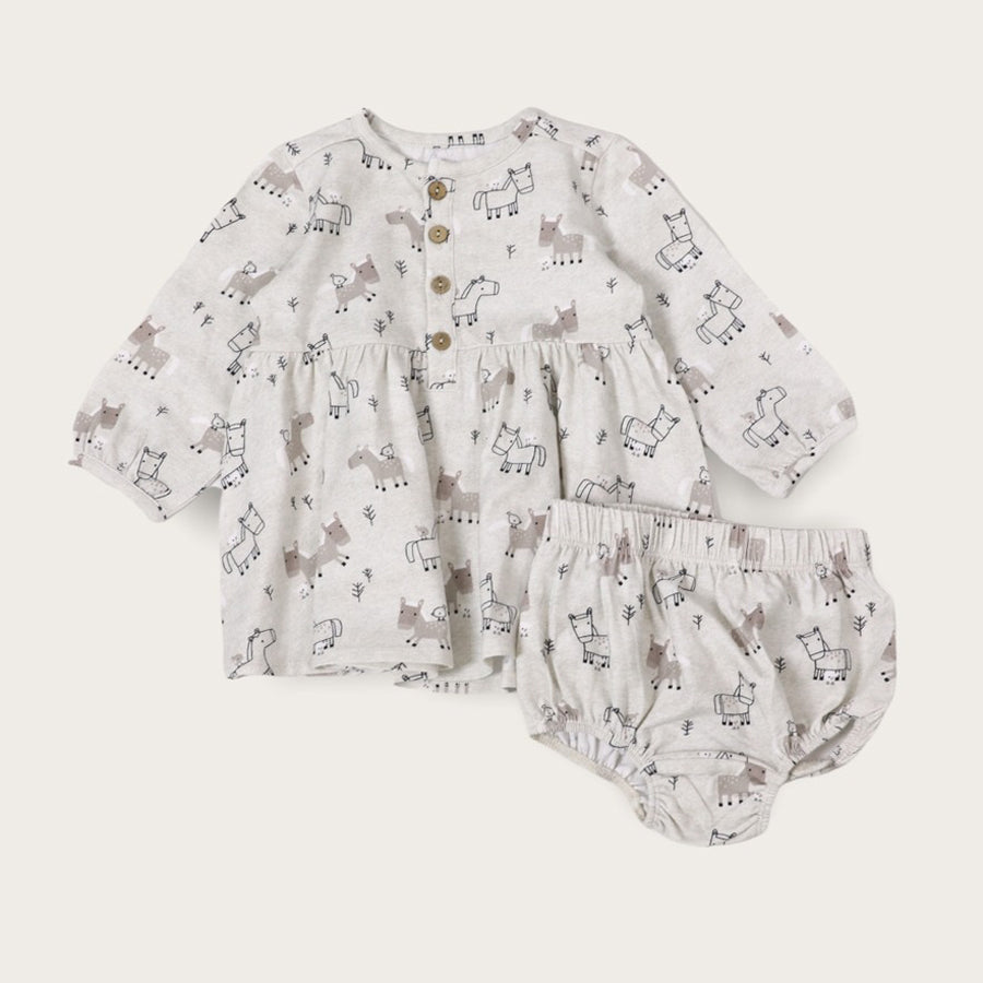 Horse & Bird Button Baby Flare Dress + Bloomer Set-DRESSES & SKIRTS-Viverano Organics-Joannas Cuties