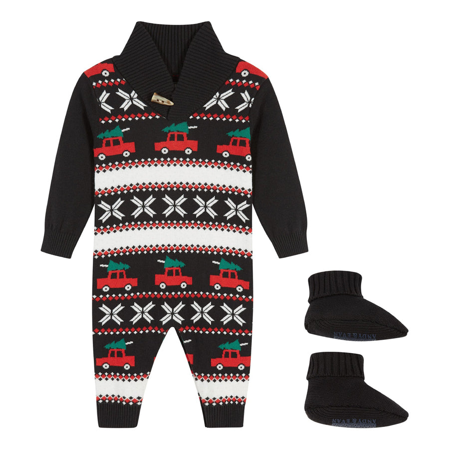 Infant Holiday Jacquard Sweater Romper - Black-OVERALLS & ROMPERS-Andy & Evan-Joannas Cuties