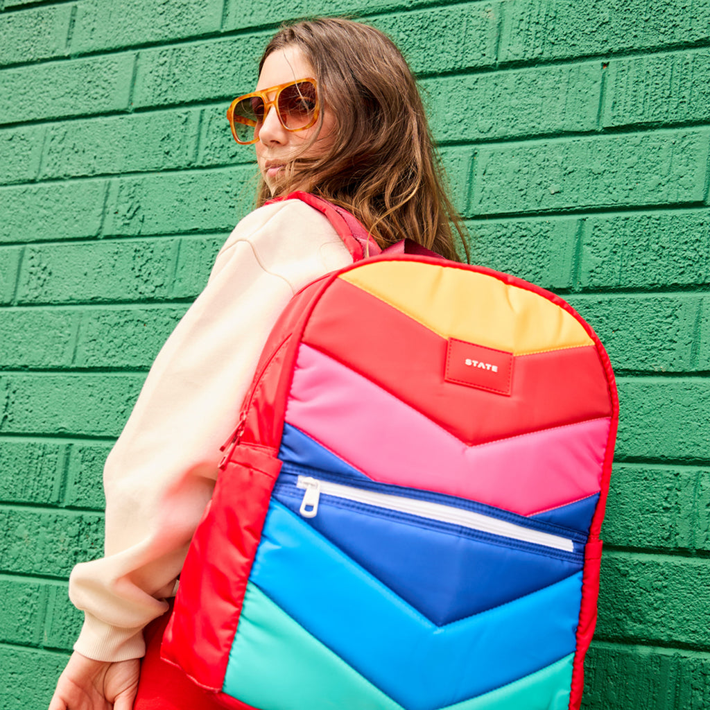 Kane Double Pocket Large Backpack - Nylon Puffer Rainbow Chevron